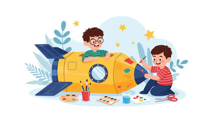 Obraz premium Two creative boys painting and decorating a yellow cardboard rocket ship toy in a room filled with stars and plants.