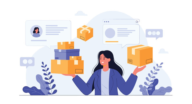 Happy female online business owner holding multiple cardboard parcel boxes ready for express shipment to her customers.