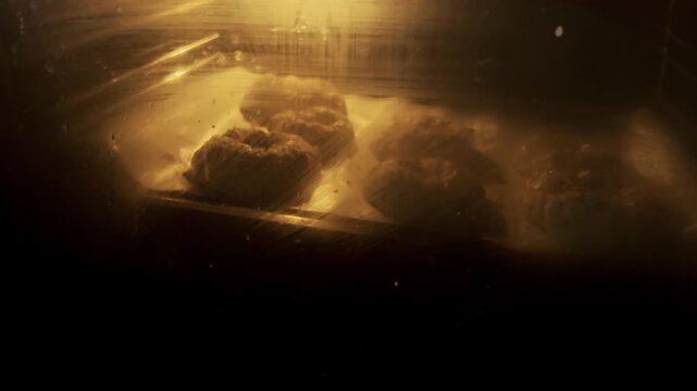 View through glass door of cheese bagels baking inside a hot oven
