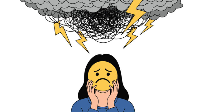 Sad woman with a frowny face emoji over her head standing under a dark storm cloud with several bright lightning bolts.