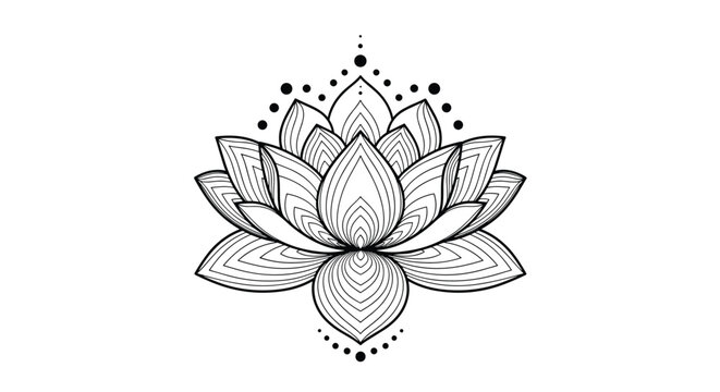 Detailed mandala design of a sacred lotus flower in black line art style, isolated on a clean white background.
