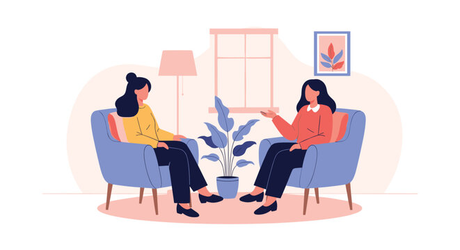 Two women sitting in comfortable armchairs having a friendly conversation or a professional psychotherapy session.