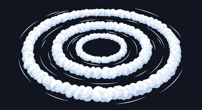 Concentric circular smoke clouds or white water ripples on a dark, mysterious background, cartoon vector design.
