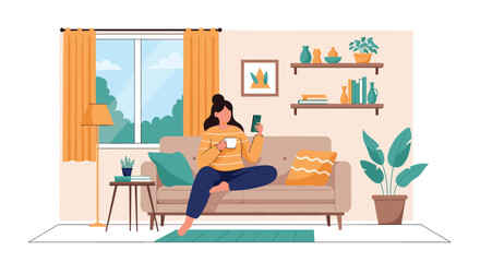 Fototapeta premium Relaxed young woman with a hot mug drinks coffee while browsing her phone on a comfortable living room couch at home.