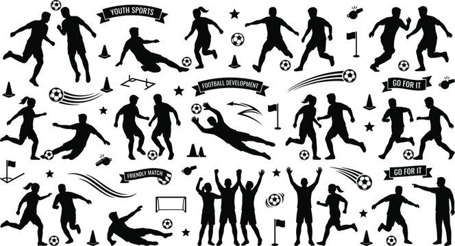 Youth Soccer Training Silhouette Collection Featuring Dribbling Tackling Goalkeeping Teamwork and Development Practice Activities Vector