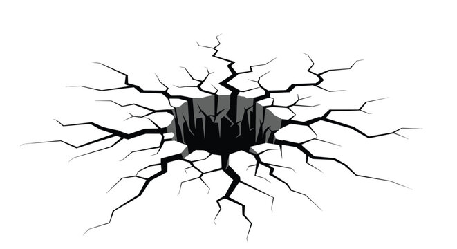 Large realistic circular crack on a white surface showing a dark deep crater hole isolated on a white background.