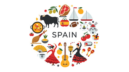 Naklejka premium Circular composition of spanish culture symbols including food, dancing, architecture, and flag around the text spain.