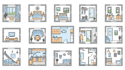 Fototapeta premium Set of different room floor plans including bedrooms, kitchens, bathrooms, and living areas in a simple colored style.