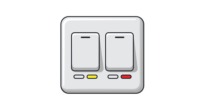 Modern double wall light switch device with grey plastic body and small color indicator buttons on white background.