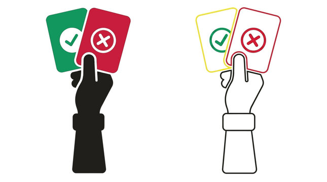 Hand holding red and green cards with checkmark and cross symbols