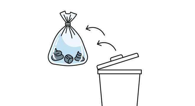 Public safety illustration showing a plastic bag of dog poop being thrown into a trash can with arrows.