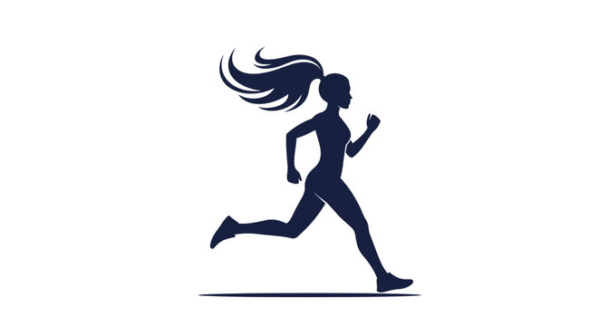 Silhouette of a fit woman with a high ponytail running fast against a clean white background for sports and fitness.