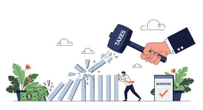 Giant hand hitting a row of falling dominoes with a taxes hammer while a businessman tries to stop the business failure.