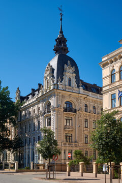 Latvian tourist landmark attractions - Art Nouveau architecture, beautiful building facade in downtown of Riga city, Strelnieku street 4A, Latvia