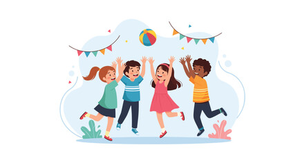 Fototapeta premium Group of diverse happy children jumping and playing together with a colorful beach ball near festive bunting on a bright sunny day.