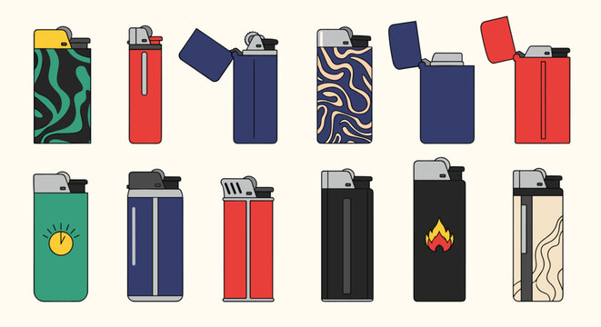 Colorful collection of various pocket lighters with different designs and patterns over a beige background.