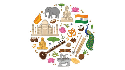 Naklejka premium Circular composition of indian cultural symbols including the taj mahal, buddha, elephant, peacock, and flag on white.