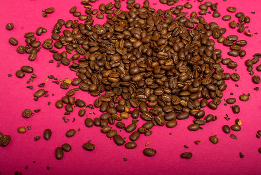 Fresh Coffee Beans Falling on Colored Paper Background &mdash; Studio Product Photography