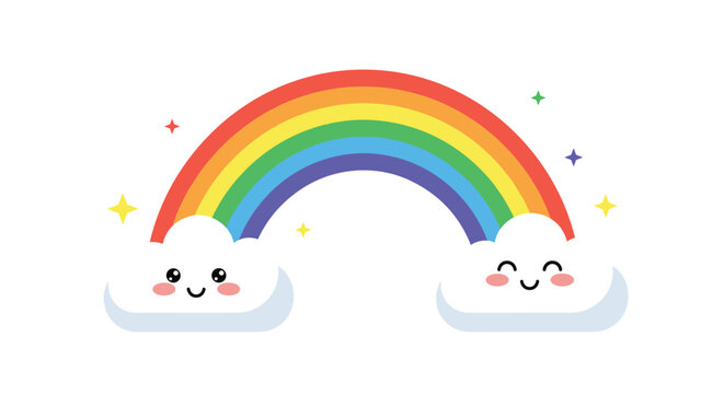 Happy rainbow arching between two smiling cloud characters with colorful stars in a cheerful and kawaii style.