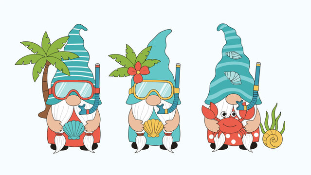 Cute summer beach gnomes wearing snorkeling gear and carrying sea creatures like crabs and shells for a fun tropical vacation theme.