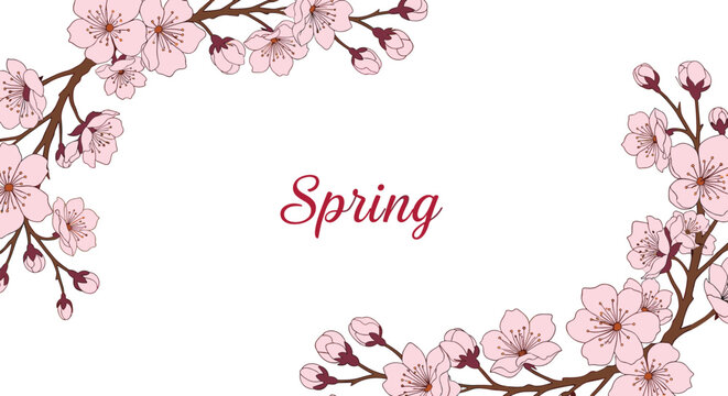 Beautiful spring themed border with pink cherry blossom branches framing the word spring in elegant cursive font.