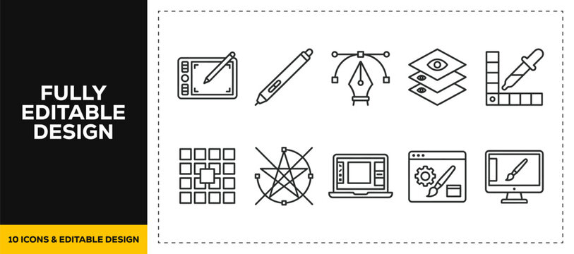 flat vector illustration line art icon bundle set design focusing on graphic design interface layers grid align tools pen visual creativity software layout for digital editing app