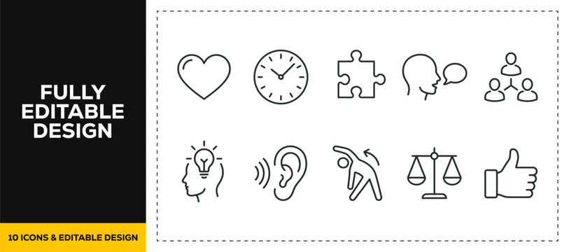 flat vector illustration line art icon bundle set design featuring senses perception heart clock puzzle scales balance human emotion psychology mindfulness for healthcare app ui art