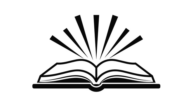 Symbolic open book icon with rays of light shining upwards, representing education, knowledge, and enlightenment.