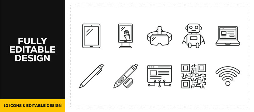 flat vector illustration line art icon bundle set design displaying virtual reality vr ar headset robot computer tech innovation metaverse simulation for futuristic gaming app ui
