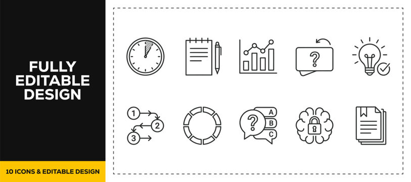 flat vector illustration line art icon bundle set design focusing on problem solving question logic time brainstorm idea thinking process strategy for modern business application