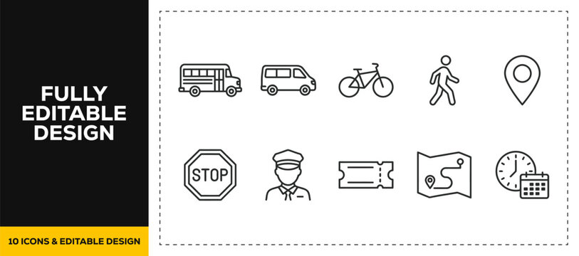 flat vector illustration line art icon bundle set design displaying transportation public transit bus van bike walking map pin route city mobility for travel navigation app design