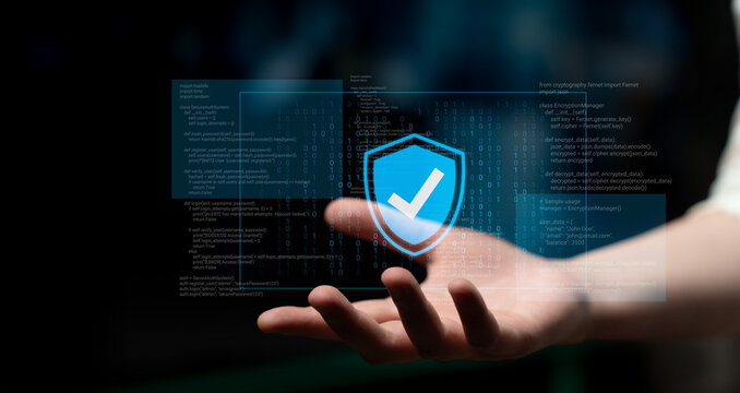 Conceptual image of cybersecurity and data protection with a shield symbol on a digital background representing secure technology and online safety measures. Glyphic.
