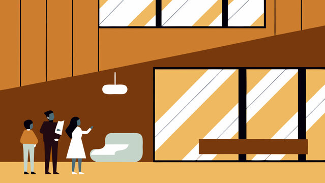 People standing inside a modern architectural space review documents during a professional building consultation.