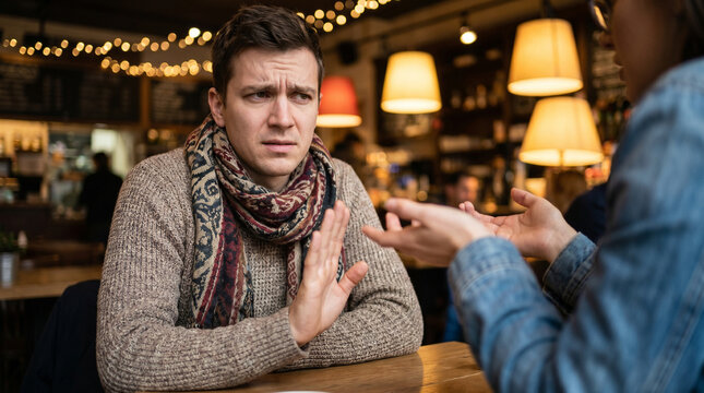 Disgusted man rejecting food or conversation in cafe