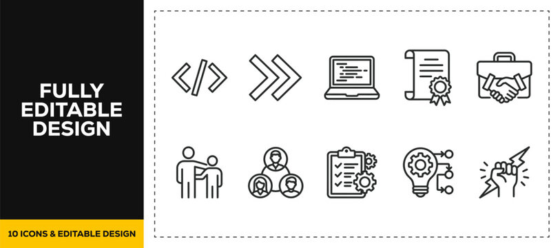 flat vector illustration line art icon bundle set design representing software development code server team agile tech programming algorithm database for modern it infrastructure