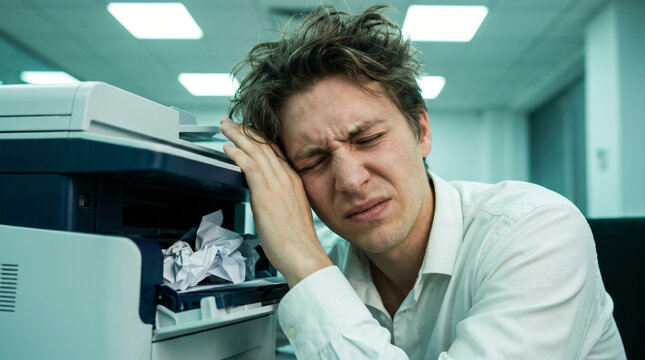 Stressed businessman crying over broken office printer machine