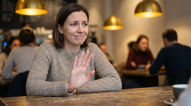 Awkward woman gesturing no at a coffee shop