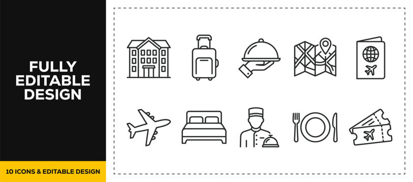 flat vector illustration line art icon bundle set design focusing on hotel travel luggage bed room service passport vacation tourism holiday destination for booking agency app ui