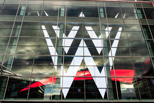 Miami, Florida, USA - October 22, 2025: WWE logo. Main headquarters in US. WWE World Wrestling Entertainment. WWE Universal Championship WW logo