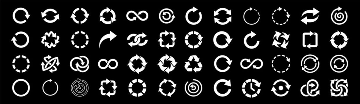White Recycling Symbols and Arrow Vector Icon Set on Black Background for Sustainability, Reuse, and Eco Friendly Concepts