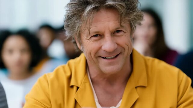 Middle age man in yellow jacket thoughtful portrait in a busy classroom for educational workshop background and corporate training profile