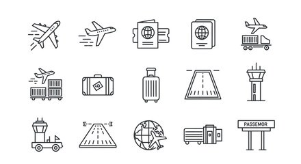 Fototapeta premium Comprehensive Set of Aviation and Global Travel Line Icons Including Aircraft, Passport, Luggage, and Airport Control Tower on Isolated White Background