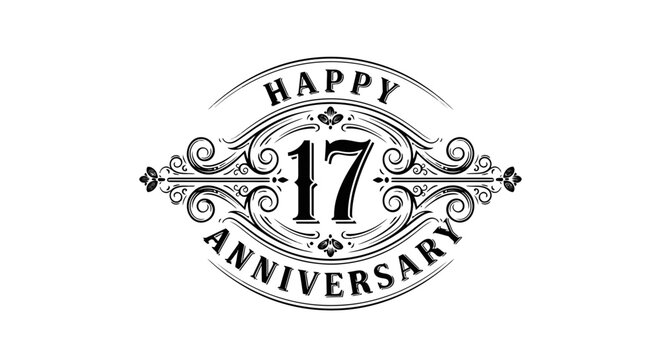 Vintage Happy 17th Anniversary Emblem with Ornate Design and Starburst Detail on Isolated White Background