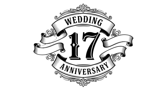 Wedding 17th Anniversary Ornate Badge on Isolated White Background, Elegant Seventeenth Marriage Celebration Emblem Vector