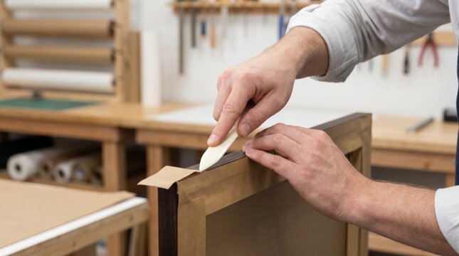 Framer using bone folder tool to press brown paper tape on back of wooden picture frame