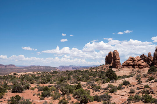 Tall rock formations, Arches National Park, Moab, Utah.  Great desert expanse in American top tourist destination for nature lovers and hikers.