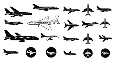 Collection of diverse airplane silhouettes and icons, showcasing various aircraft types from different angles and perspectives. © Sofia