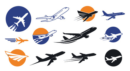 Collection of diverse airplane icons and illustrations, showcasing various flight styles and perspectives, ideal for aviation-themed designs. © Sofia