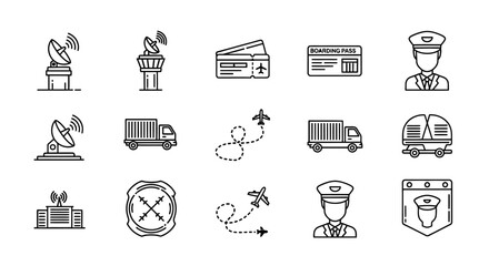 Fototapeta premium Collection of vector icons representing various aspects of air travel, logistics, and transportation services.