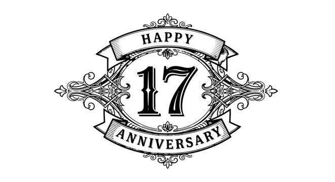 Happy 17th Anniversary Decorative Badge on Isolated White Background, Elegant Seventeenth Year Celebration Emblem Vector